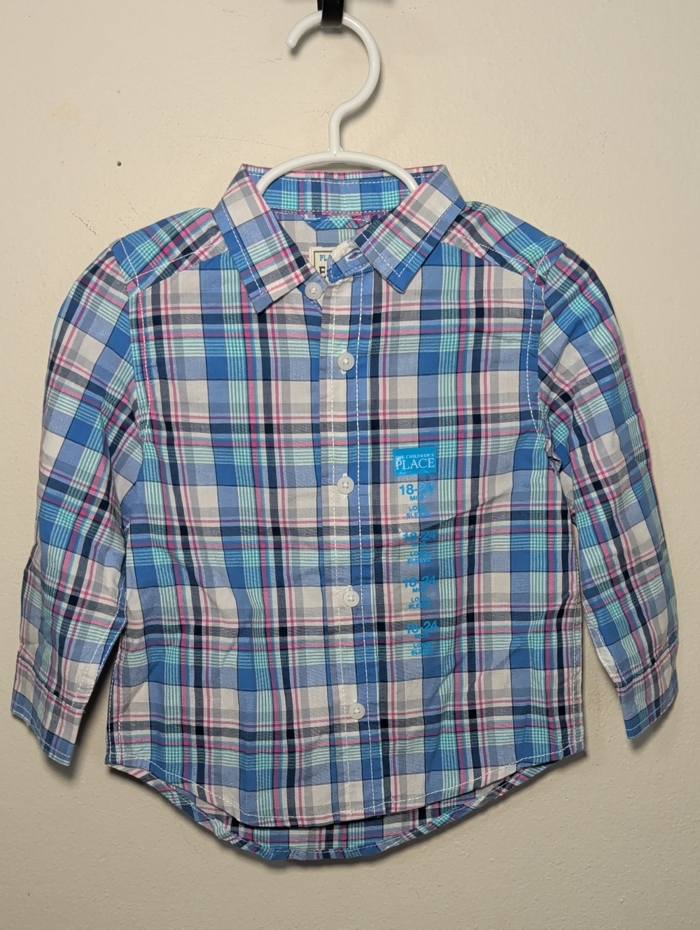 Children's Place Plaid Button Down Shirt Blue White Pink New Boys Size 18-24M